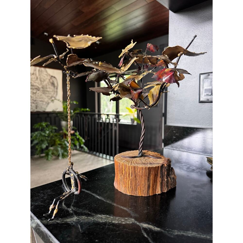 MCM Brutalist Style Mixed-Metal Tree Sculpture with Hanging Figure
